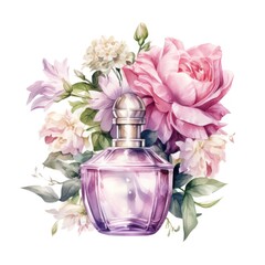 Watercolor perfume with flowers. Illustration AI Generative.