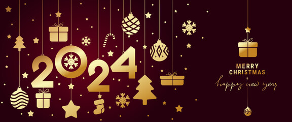 Christmas luxury banner design with hanging golden numbers 2024, balls, star, xmas tree. Luxurious gold vector background for banner, flyers, advertising, web header. Christmas vector illustration.