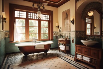 Interior of a luxury bathroom with tiled floor and large window. Colonial style. created with Generative AI