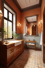 Bathroom interior in classic style and  Colonial style. Big window, mirror, and sink. created with Generative AI