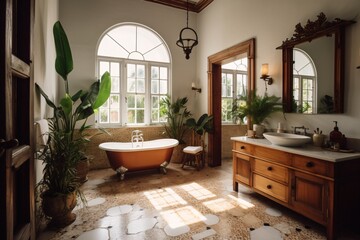 Bathroom interior with bathtub and panoramic window. Colonial style. created with Generative AI