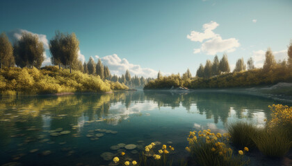 Panoramic mountain range reflects natural beauty of tranquil meadow. generated by AI
