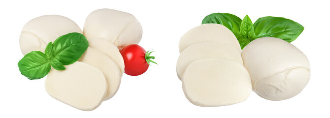 Mozzarella cheese sliced with basil leaf and tomato isolated on white background with  full depth of field