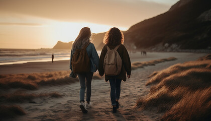 Fototapeta premium Young couple hiking outdoors, enjoying nature and togetherness at sunset. generated by AI