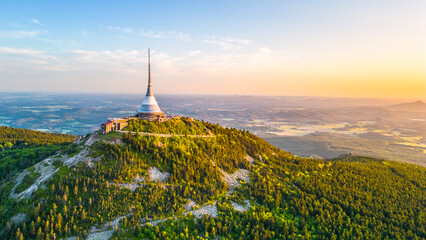 Sunny evening at Jested Mountain with unique building on the summit. Liberec, Czech Republic....