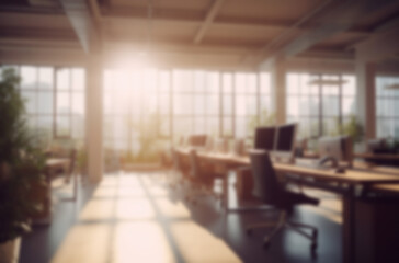 Blurred large modern office workspace in the morning , interior workplace with cityscape for business presentation background AI generated
