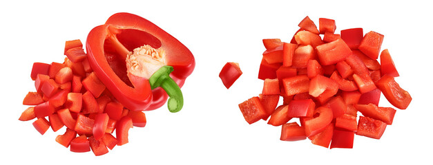 diced of red sweet bell pepper isolated on white background. Top view. Flat lay
