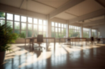 Blurred large modern office workspace in the morning , interior workplace with cityscape for business presentation background AI generated
