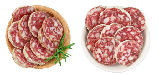 Cured salami sausage in wooden bowl isolated on white background. Italian cuisine with full depth of field. Top view. Flat lay.