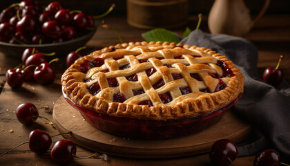 Rustic berry tart, homemade pastry dough, sweet indulgence on wood. generated by AI