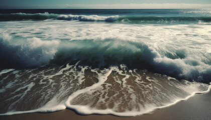 Tranquil seascape at dawn liquid motion, breaking wave pattern, foam. generated by AI