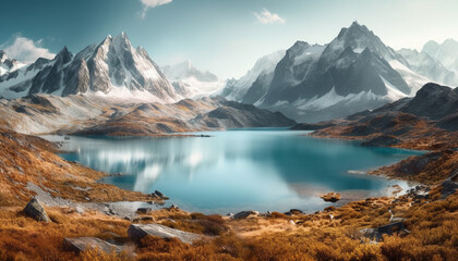 Fototapeta na wymiar Majestic mountain range, tranquil scene, reflection in water, idyllic wilderness. generated by AI