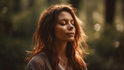 One young woman with long brown hair enjoys autumn sunlight. generated by AI