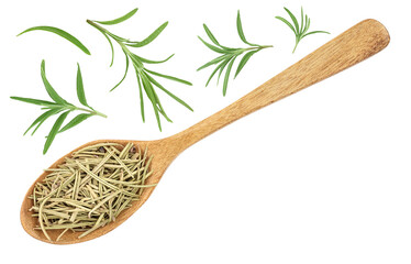 Dried and fresh rosemary or rosemarin leaves in wooden spoon isolated on white background top view
