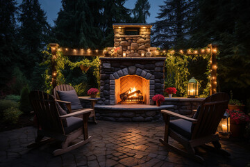 Fototapeta na wymiar Outdoor Fireplaces: Elevate Your Backyard with a Stunning Patio Fireplace, Generative AI