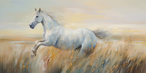 Fototapeta na wymiar Illustration of a wild white horse running in full gallop, generative AI