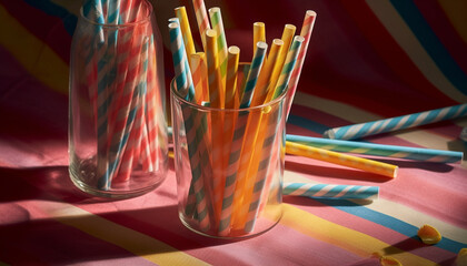 Obraz premium Vibrant colors, fun patterns, and refreshing drinks adorn party table generated by AI