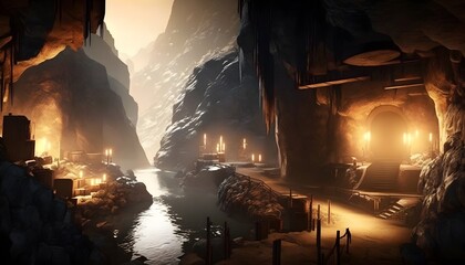 Subterranean Amsterdam dwarven mine city beneath the mountain canals flowing into caves bubbling rivers candlelit volumetric light cavernous cinematic sweeping wide view13 