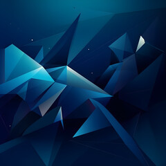 Obraz premium Abstract on dark blue background, shiny metallic geometric shapes, triangles, polygons, sleek lines, sharp angles, dynamic composition. 3d dimension. Digital modern graphics. Generative AI.