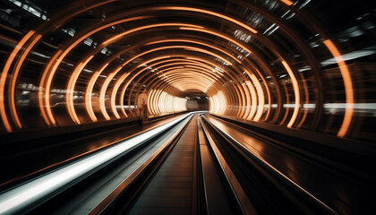 Blurred motion on futuristic subway train, vanishing point in dimly illuminated corridor generated by AI