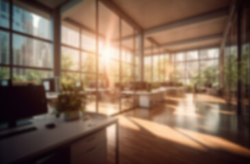Blurred large modern office workspace in the morning , interior workplace with cityscape for business presentation background AI generated