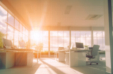 Fototapeta premium Blurred large modern office workspace in the morning , interior workplace with cityscape for business presentation background AI generated