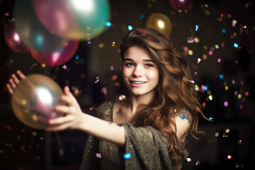 Obraz na płótnie Canvas smiling girl with air balloons and falling confetti. home celebration party concept. generative AI