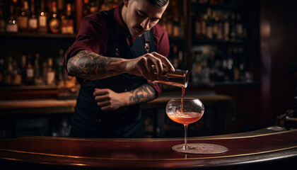 Expert bartender pouring whiskey, making cocktails in elegant drink establishment generated by AI