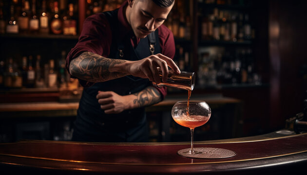Expert bartender pouring whiskey, making cocktails in elegant drink establishment generated by AI