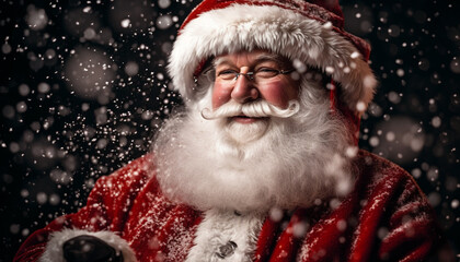 Smiling senior men celebrate winter with snow, gifts, and humor generated by AI