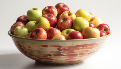 Naklejka na ściany i meble Juicy ripe apples in a fresh organic fruit bowl on wood generated by AI