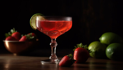 Refreshing summer cocktail with fresh strawberry and raspberry garnish on wood table generated by AI