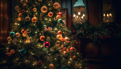 Shiny glowing Christmas tree ornament illuminates dark winter night indoors generated by AI
