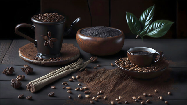 Concept caffe product photography with caffee beans and caffe cup on wooden plate