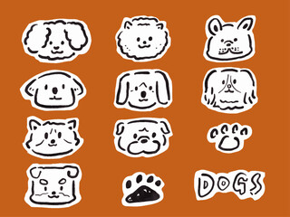 いろいろな種類の犬の顔のイラストセット　単色　手描き風