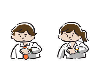 時間を気にするビジネスマンとOLの単色イラストセット　水彩手描き風