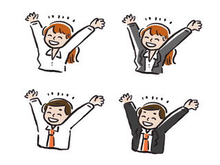 両手を挙げて喜ぶビジネスマンとOLのイラストセット　水彩手描き風