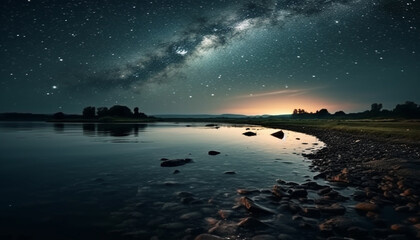 Fototapeta na wymiar Milky Way illuminates tranquil nature, starry galaxy reflects on water generated by AI