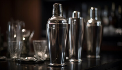 Fototapeta na wymiar Shiny metal bar equipment reflects a clean, elegant drink establishment generated by AI