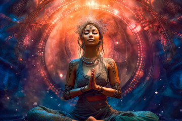 Fototapeta na wymiar illustration of Indian woman meditating sitting in lotus pose. generative AI