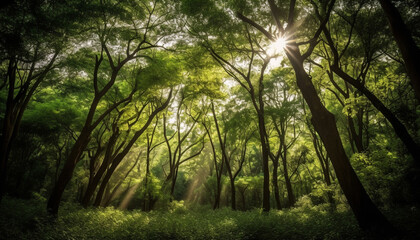 Fototapeta premium Tranquil forest landscape illuminated by vibrant sunlight and green growth generated by AI