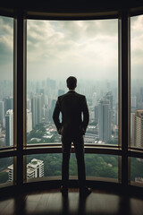 Fototapeta premium silhouette of a man standing in front of a window with a city AI generated
