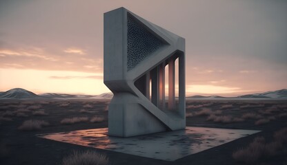 Small Futuristic Concrete Altar Brutalist architecture at dusk Muted Soft Focus of Cold Realistic Icelandic Landscape in the Background Natrual Lighting Low Camera shot Cinematic 