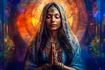 Illustration of beautiful young Indian woman prayer in traditional dress. Generative AI - obrazy, fototapety, plakaty