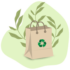Label green eco bag designed with leaves with transparent background. Vector illustration 