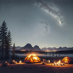 Night camp with a tent and campfire, on a starry night and a moon. Mountains in the background. Camping illustration. Tent illustration. 