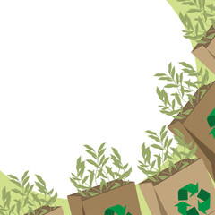 Few green eco bags designed with leaves with transparent background. Vector illustration 