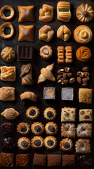 Fototapeta premium Israeli sweets, flat lay, top view assorted cookies and traditional desserts, AI generative overhead view of knolling arrangement