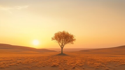 lonely tree in the desert, with footprints of people indicating the direction, sky in a quiet and calm sunset