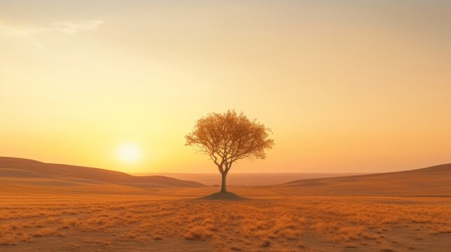 lonely tree in the desert, with footprints of people indicating the direction, sky in a quiet and calm sunset © rodrigo